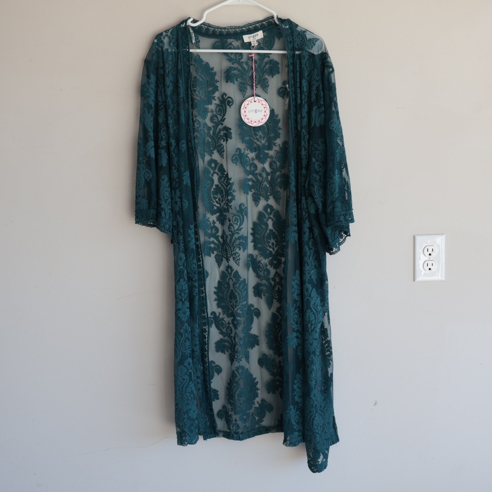 Umgee Teal Green Floral Lace Kimono Duster Open Front Crochet Trim S3009 M/L